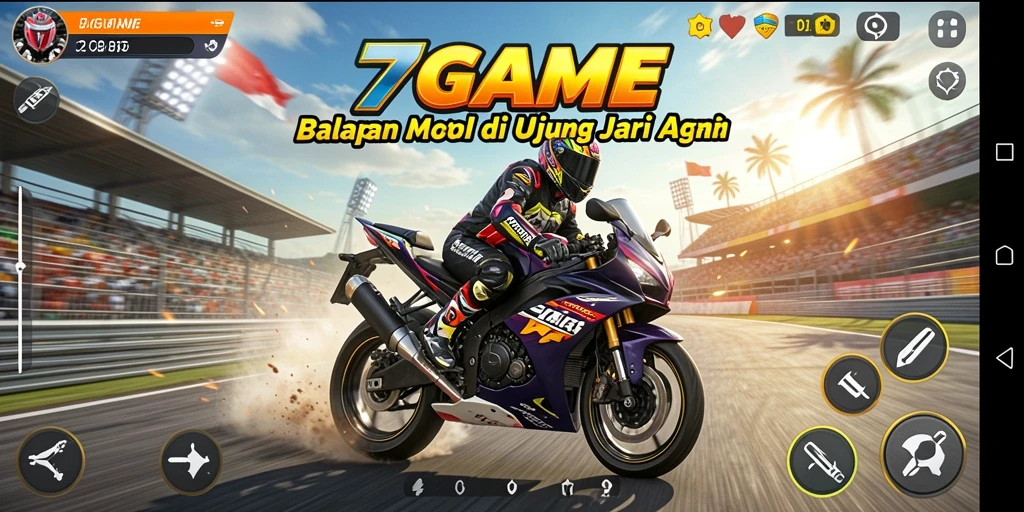 Screenshot gameplay 7GAME menampilkan balapan motor yang penuh aksi.
