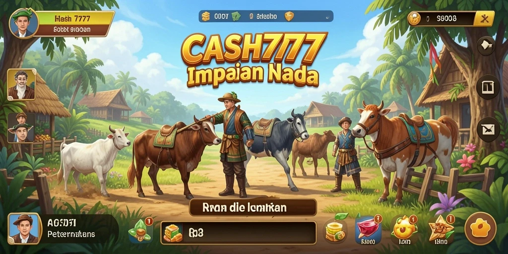 Screenshot utama CASH777 menampilkan keseruan bertani dan merawat hewan.
