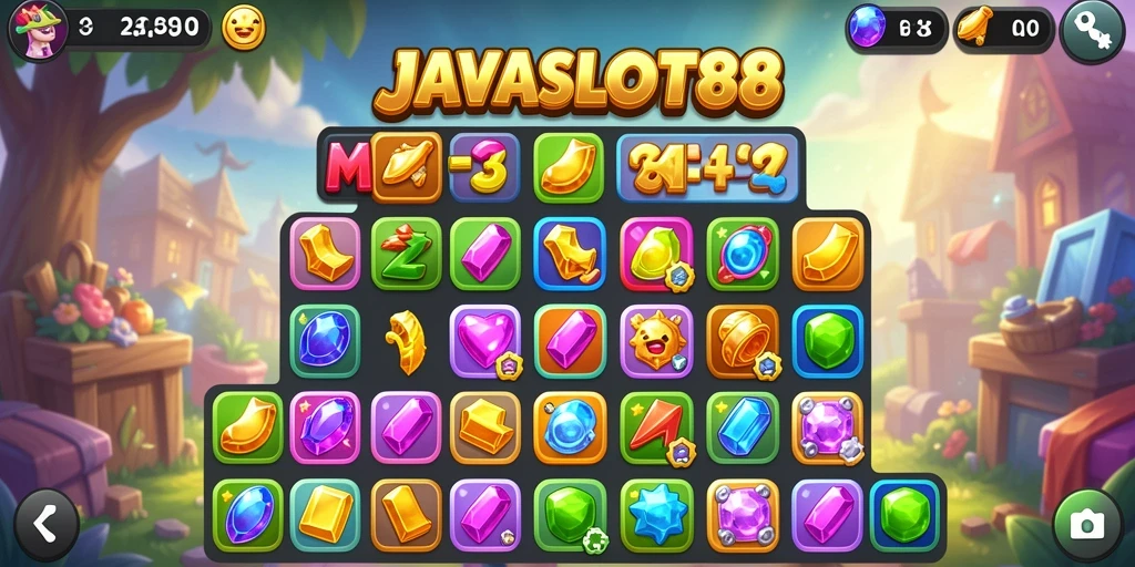 Tangkapan layar gameplay JAVASLOT88 menampilkan pertarungan Match-3 yang seru.