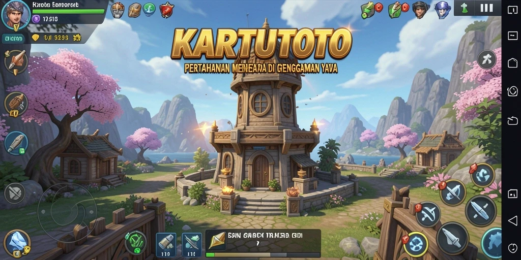 Screenshot gameplay KARTUTOTO menampilkan aksi menara pertahanan yang intens.