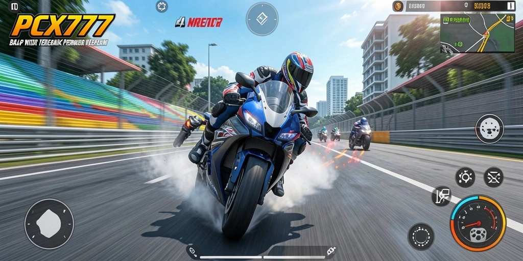 Screenshot gameplay <strong>PCX777</strong> dengan balapan motor yang seru dan menegangkan.